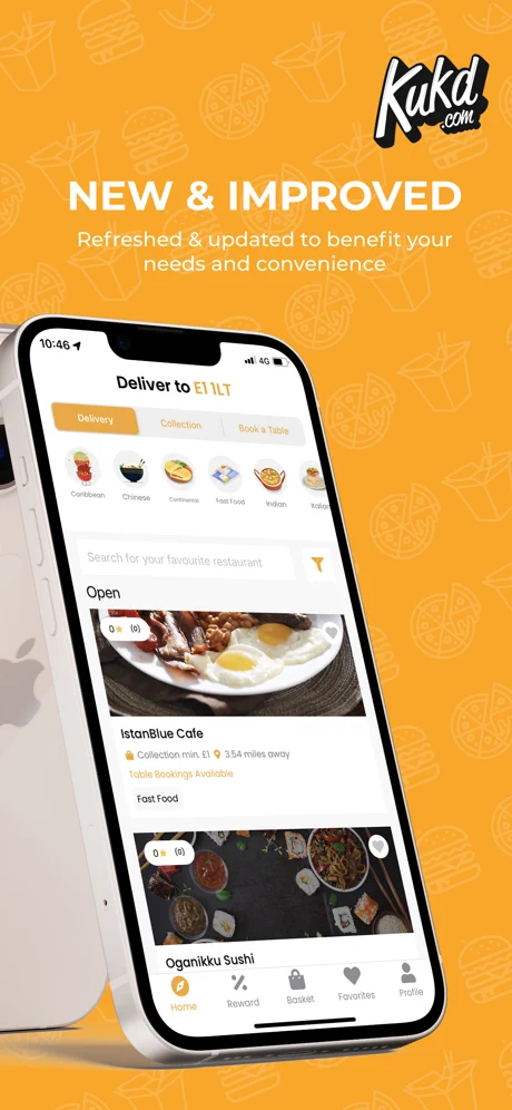 KUKD food delivery app home screen showing nearby restaurants on iPhone