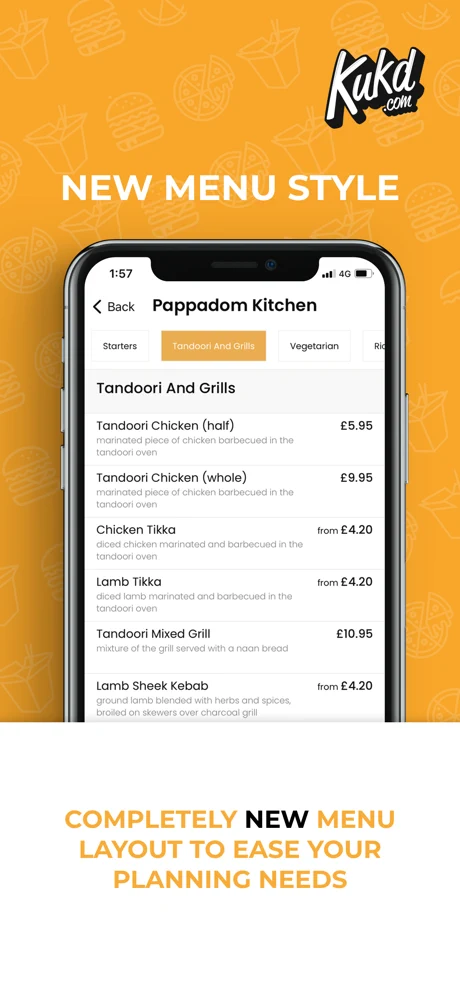 KUKD app restaurant listing with menu categories and prices