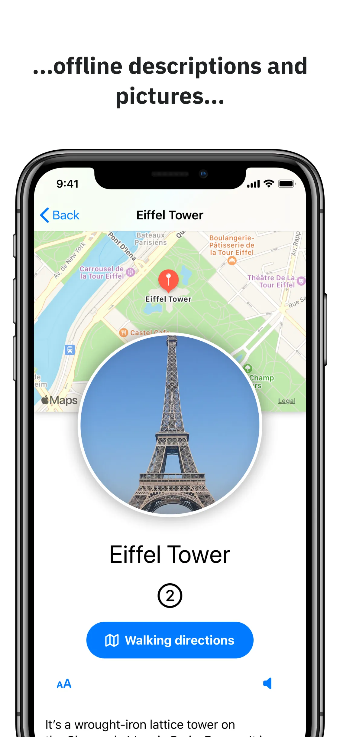 Overview City Guides app location detail with description and directions