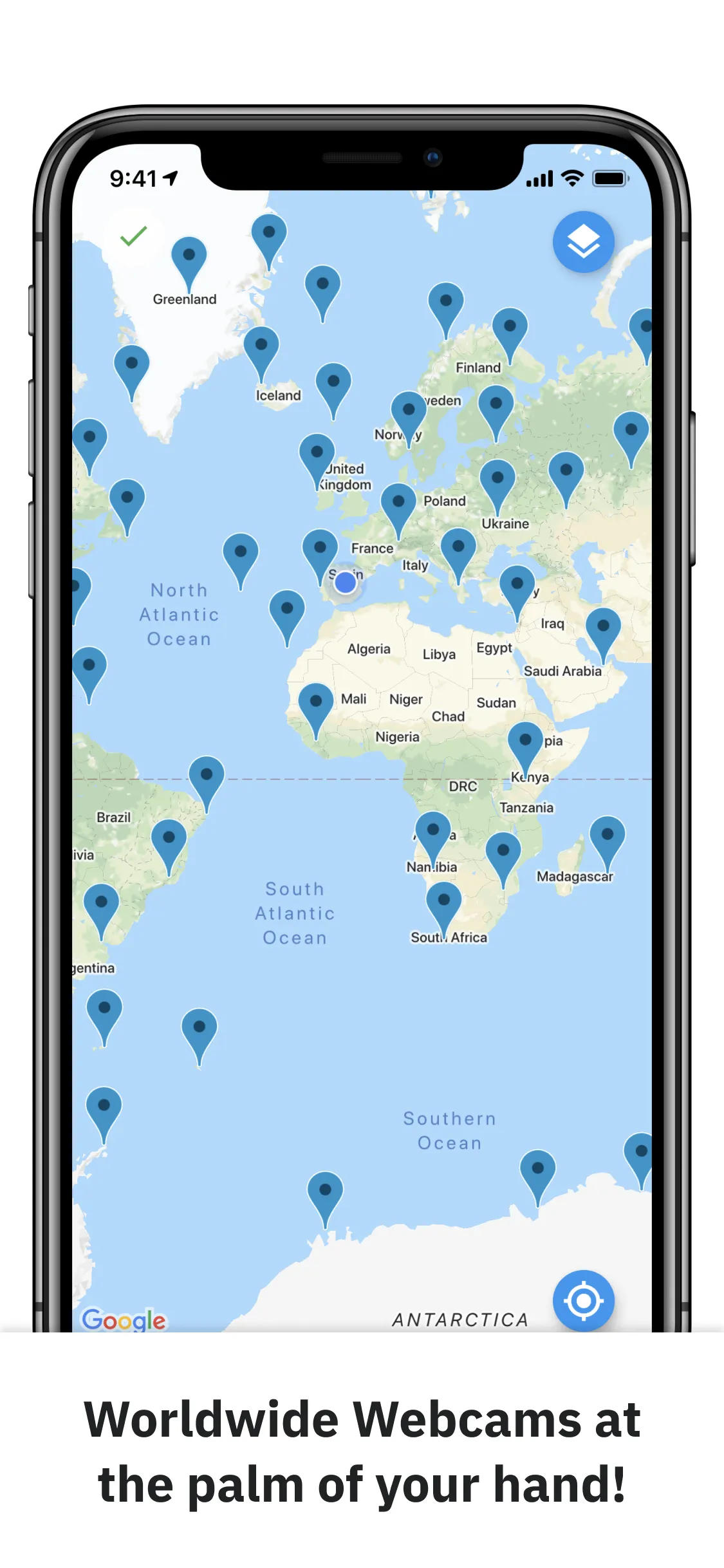 Overview Webcams v1 Flutter app home screen with webcam categories