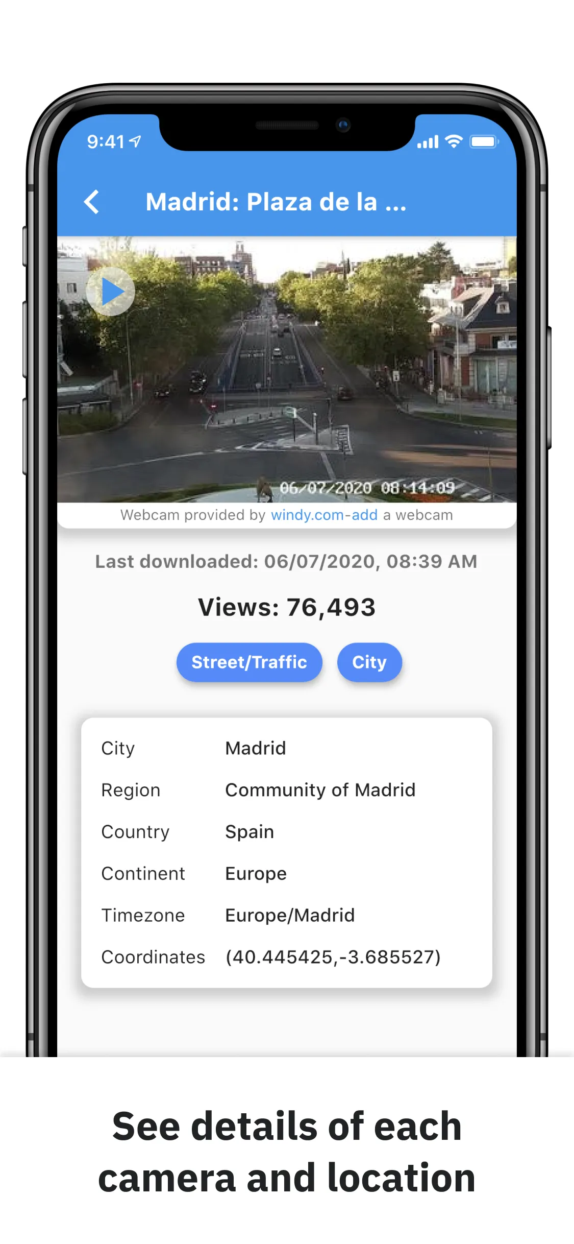 Overview Webcams v1 Flutter app live webcam stream detail view