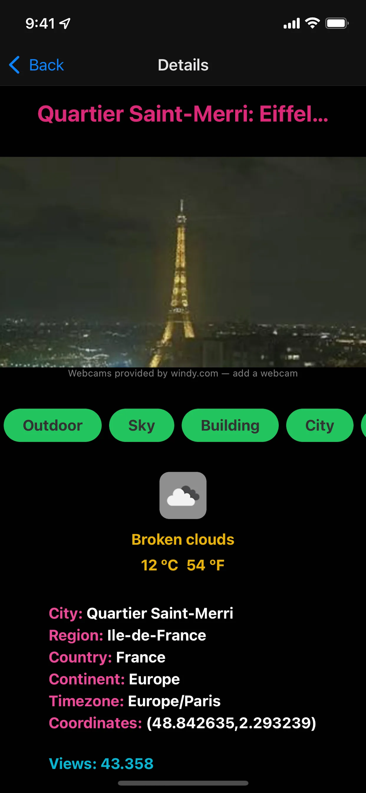 Overview Webcams v2 app webcam detail view with live stream