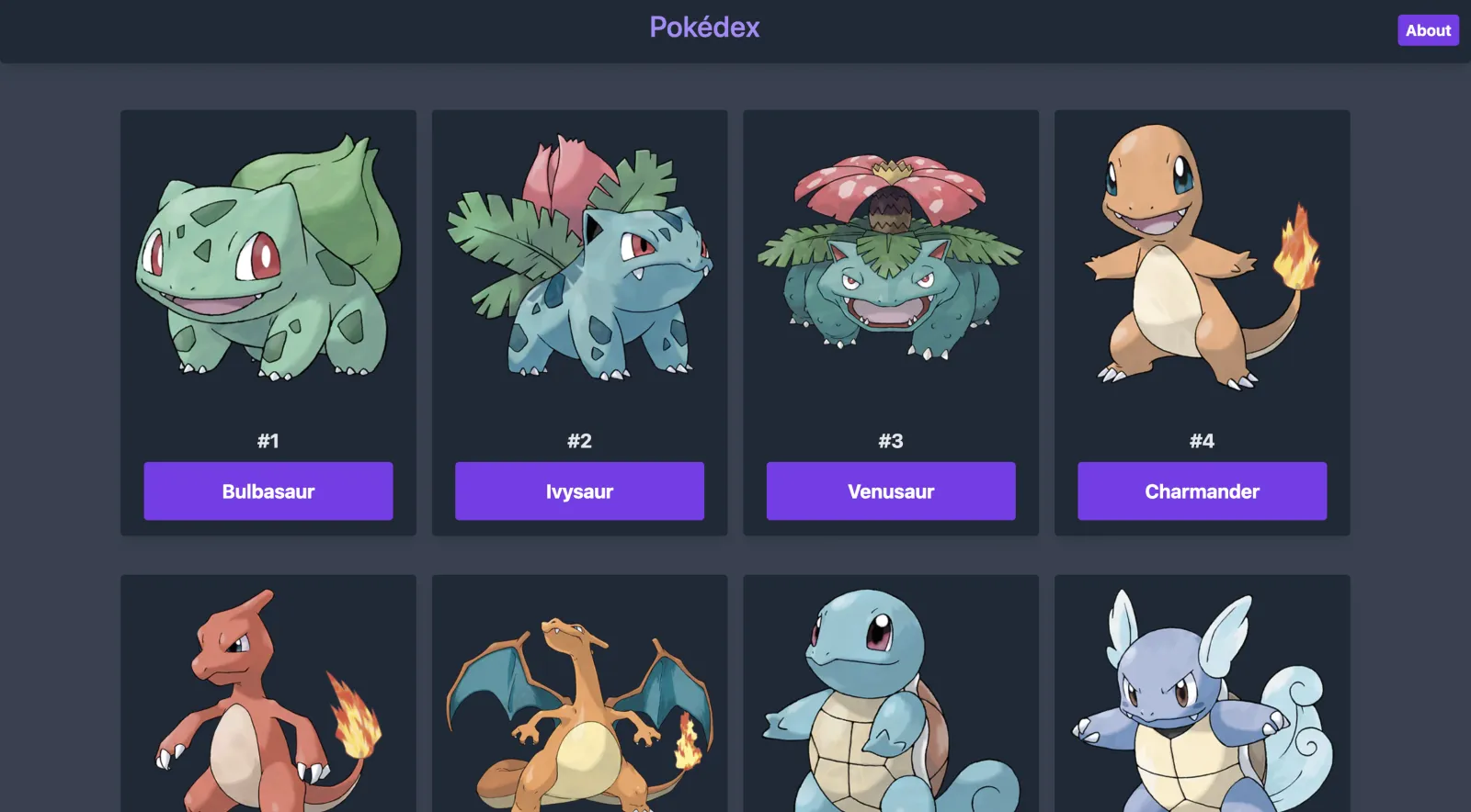 Pokedex SSG app Pokemon detail page with stats, types, and abilities